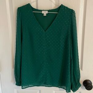 NWOT J. Crew Factory V-neck clip-dot blouse in Academic Green, XXS